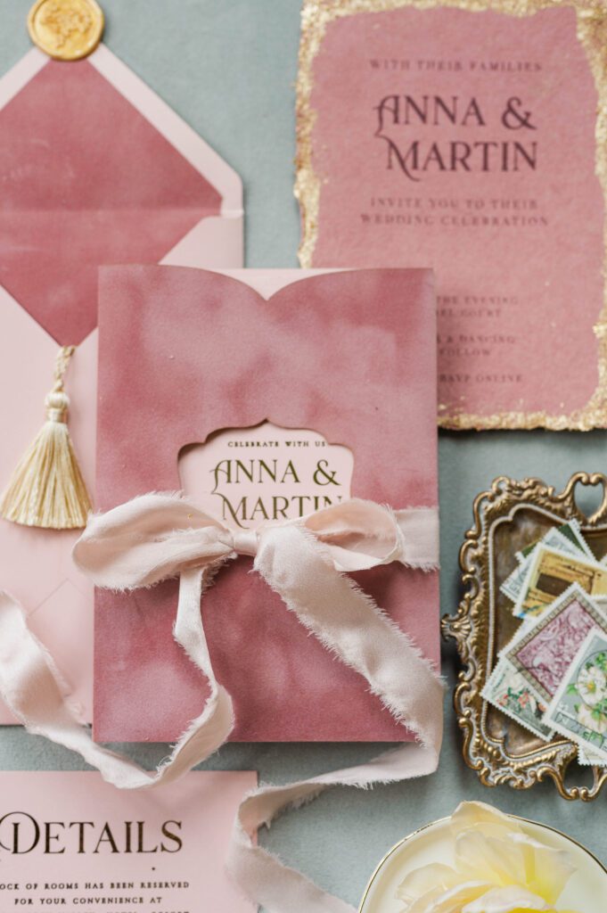 Flat lay details with a close up on the invitations for a wedding day in Cincinnati