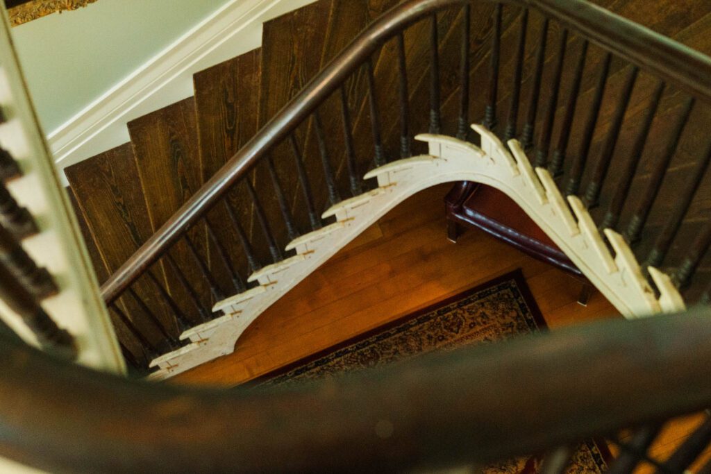 Spiral staircase at the Kentucky wedding venue Cornerstone Acres