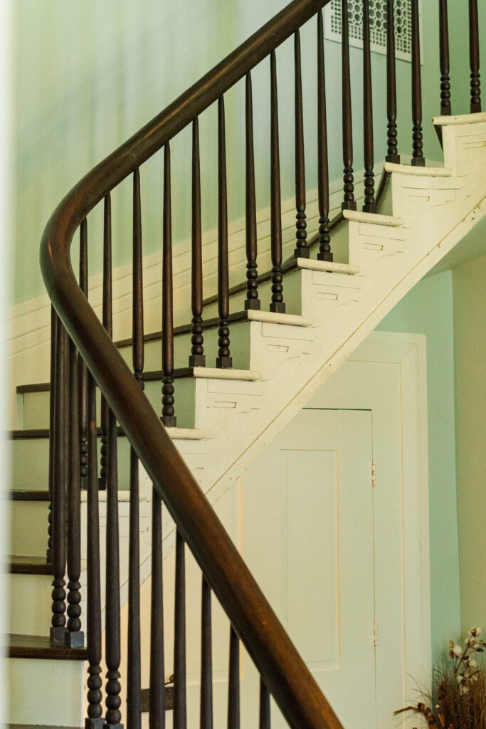 Spiral staircase at the Kentucky wedding venue Cornerstone Acres