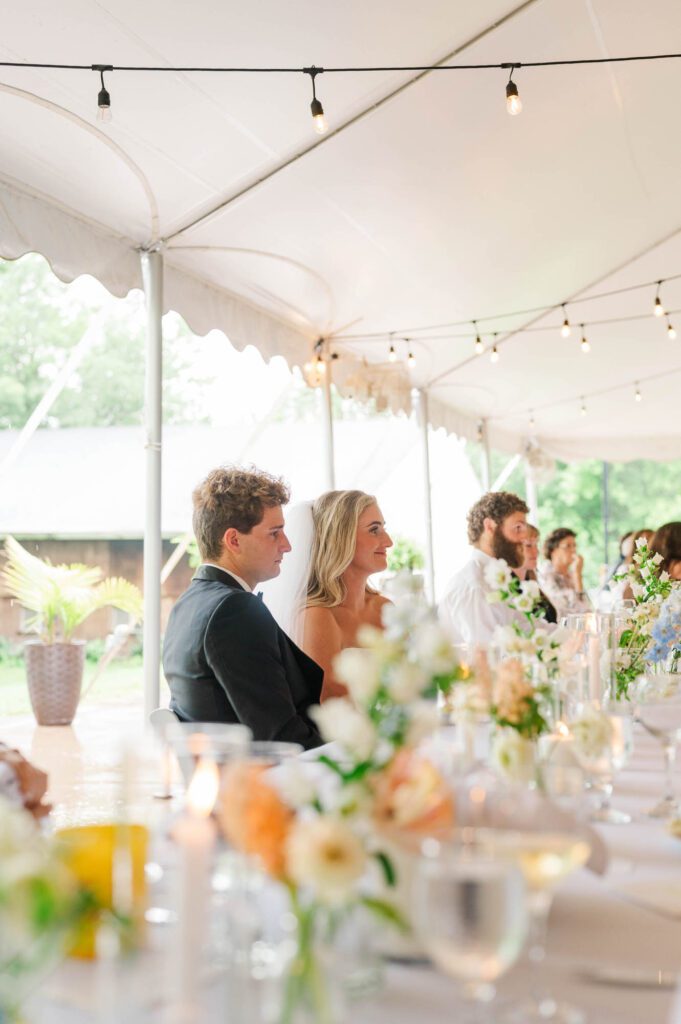 Louisville Wedding Photographer-27 Bride and groom listen to speeches during their wedding reception