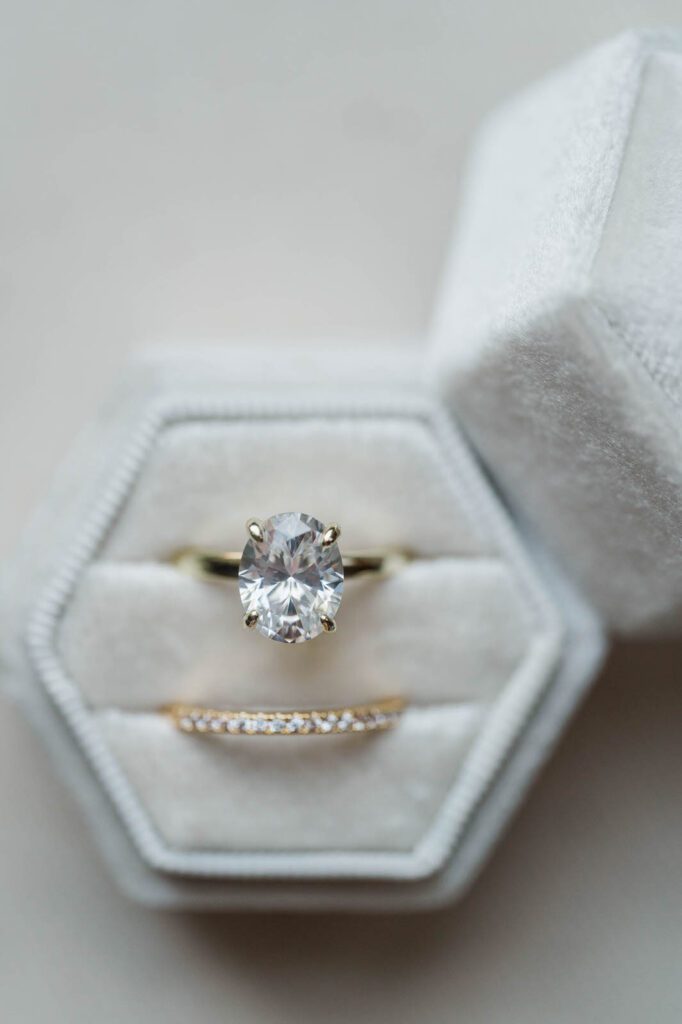 close up wedding and engagement ring shot