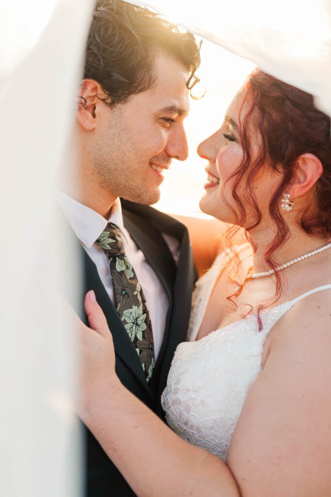 Bride and groom portraits under a cathedral length veil