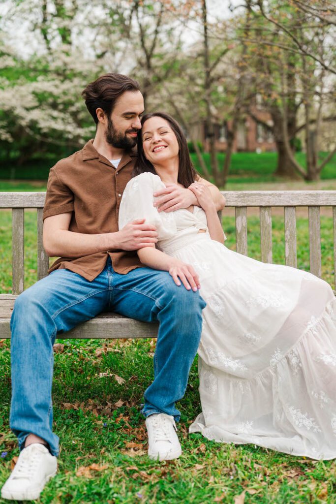 Couple laughs together for their engagement session at Ashland, The Henry Clay Estate