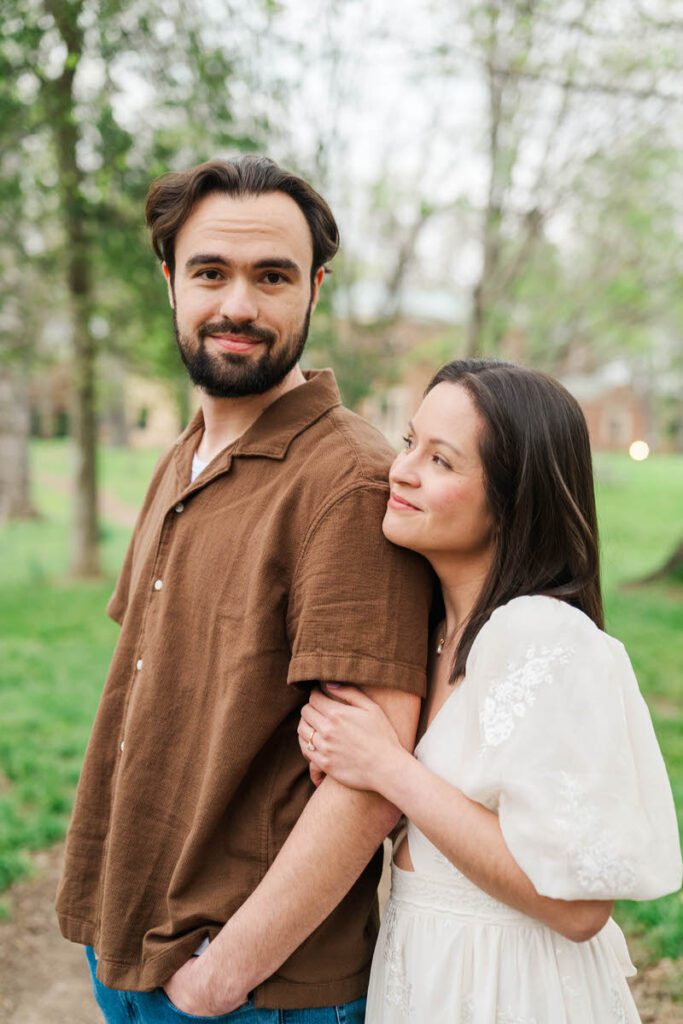 Couple embraces for their engagement session at Ashland, The Henry Clay Estate in Lexington, KY