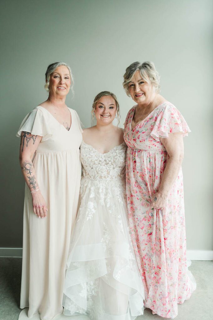 Bride with her mom and grandmother on her wedding day