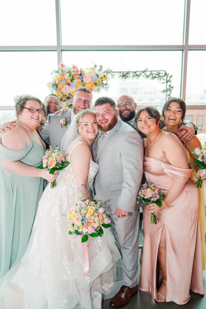 Bride and groom with their bridal party at the Ice House in Louisville