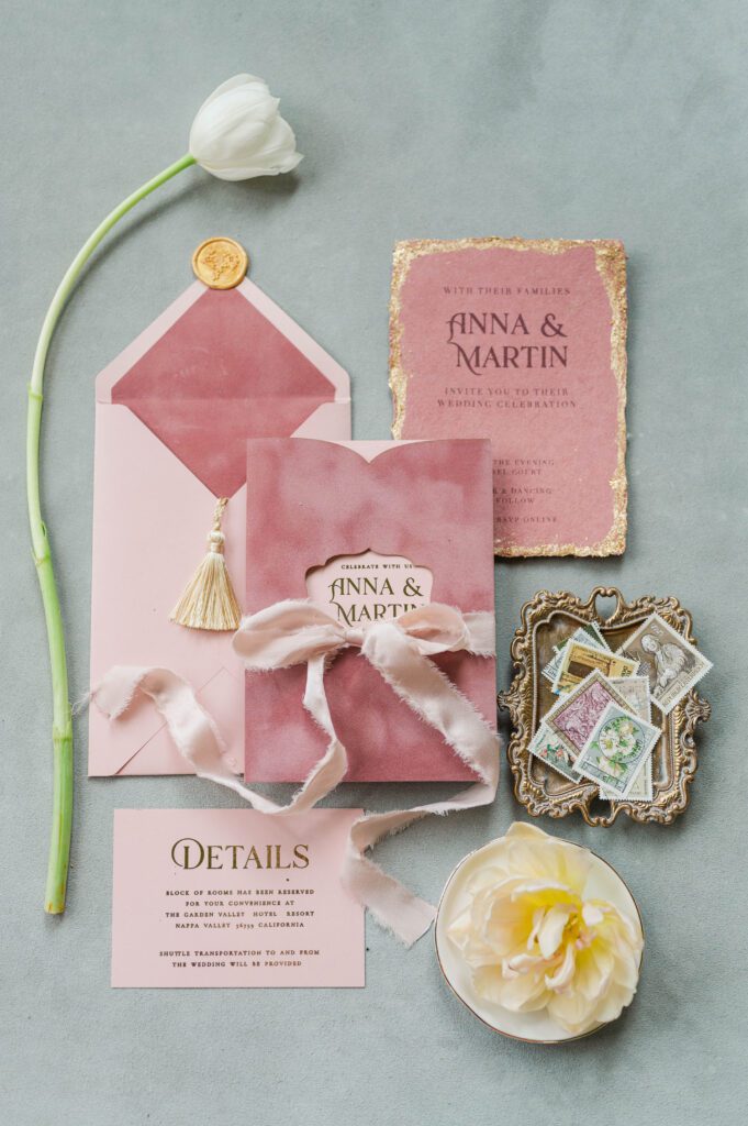 Flat lay details with a close up on the invitations for a wedding day in Cincinnati