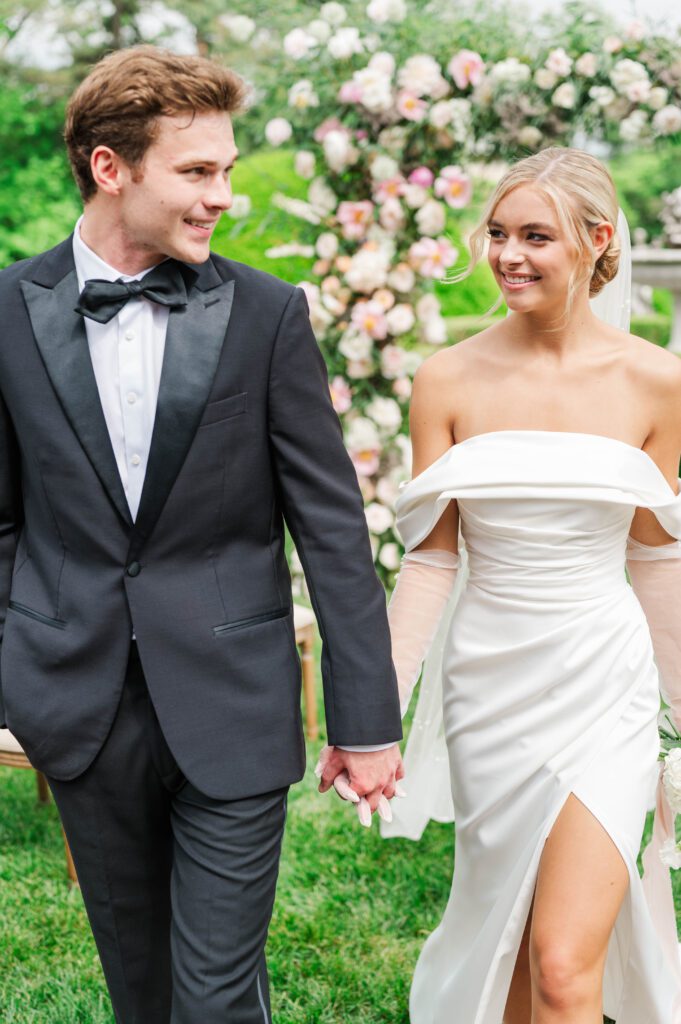 Bride and groom walk down the aisle