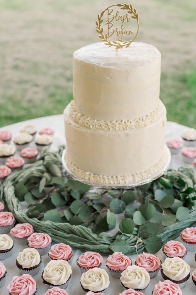 Wedding cake and cupcakes at a Taylorsville, Kentucky wedding. 