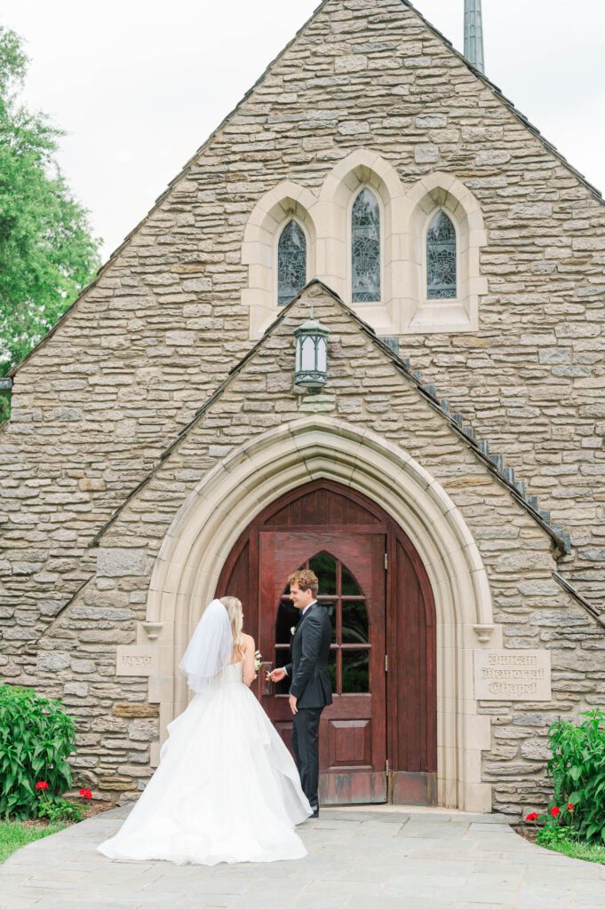 Wedding couple going inside of the Duncan Memorial Chapel in Louisville, Kentucky