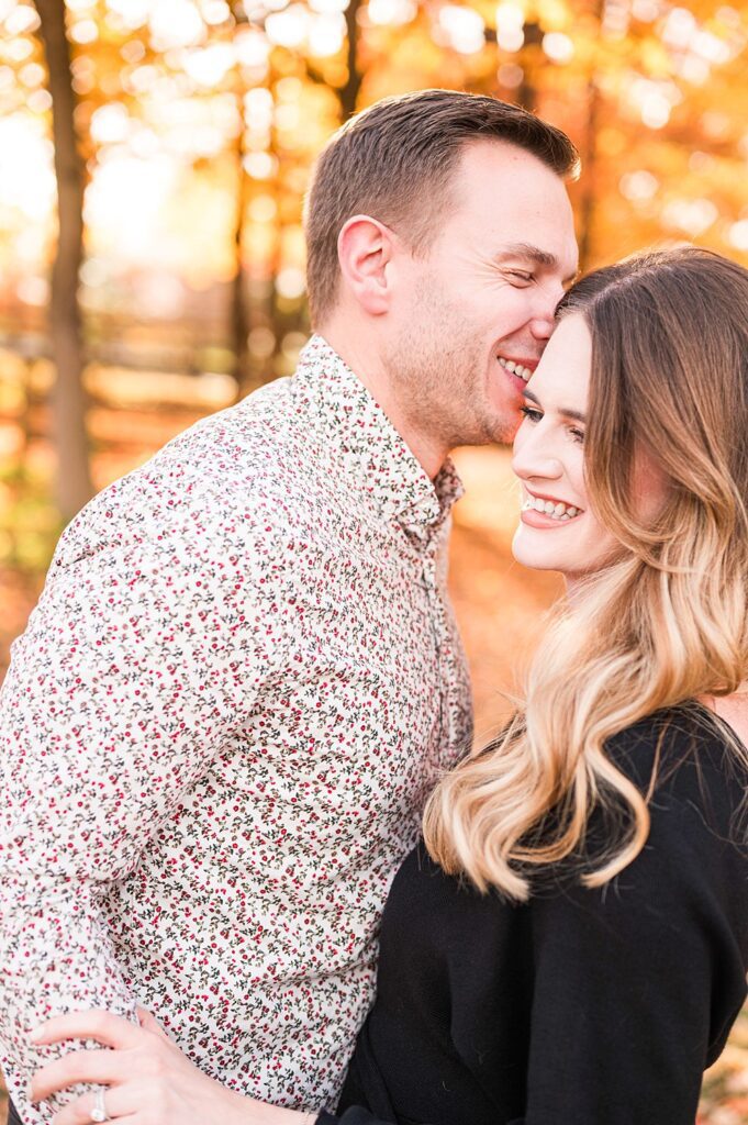 Couple standing together at Blackacre Nature Preserve for their engagement session