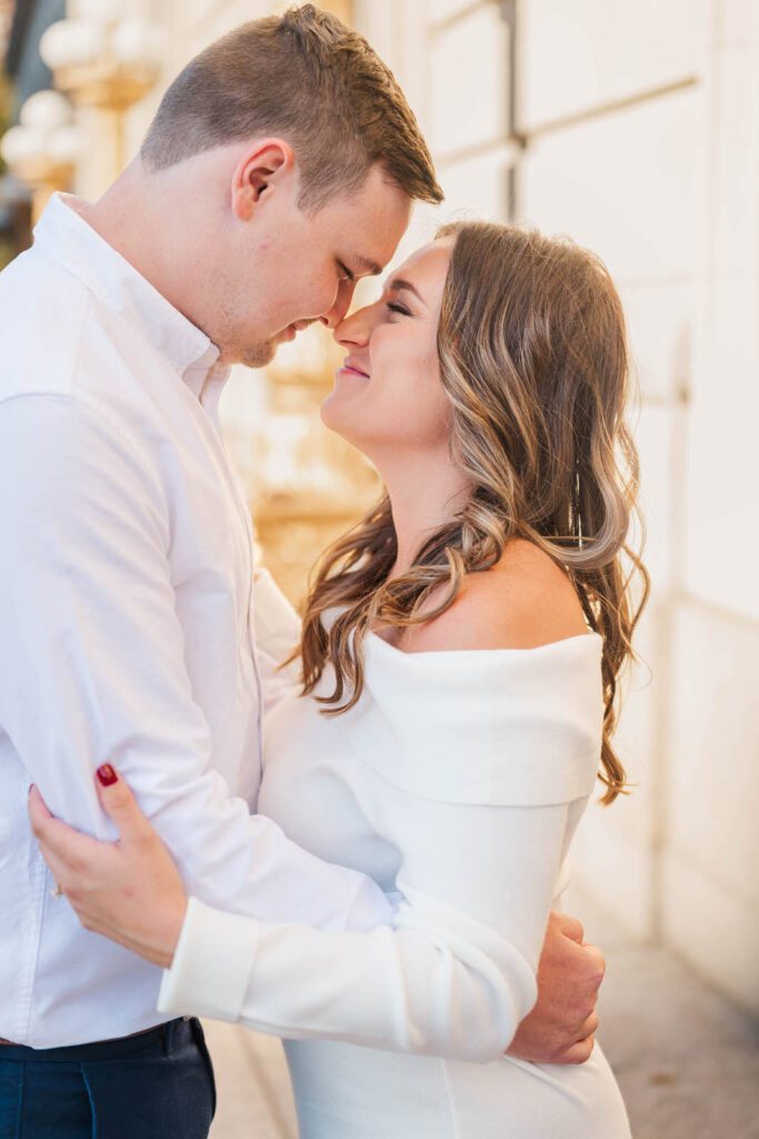 Couple embraces for their engagement photos in Cincinnati, Ohio