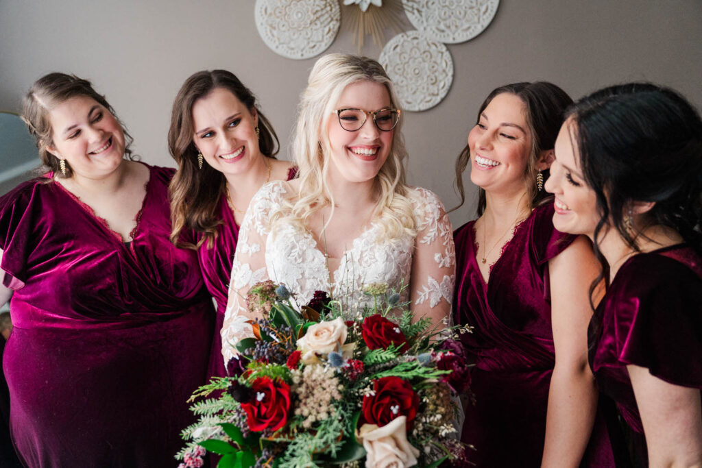 Bride gets ready with her bridesmaids for wedding day at The Gatewood in La Grange, KY