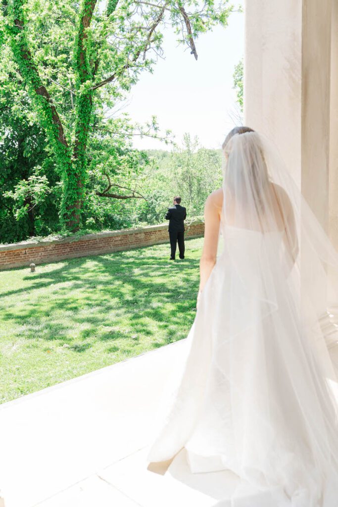 Bride and groom's first look at Gardencourt in Louisville, KY