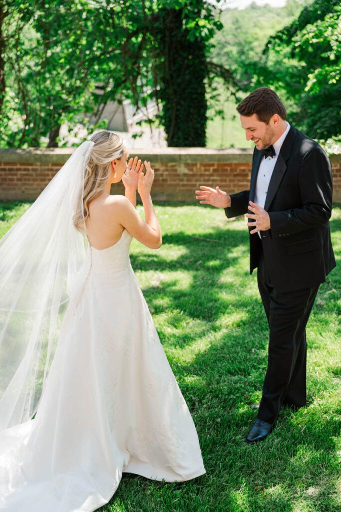 Bride and groom's first look at Gardencourt in Louisville, KY