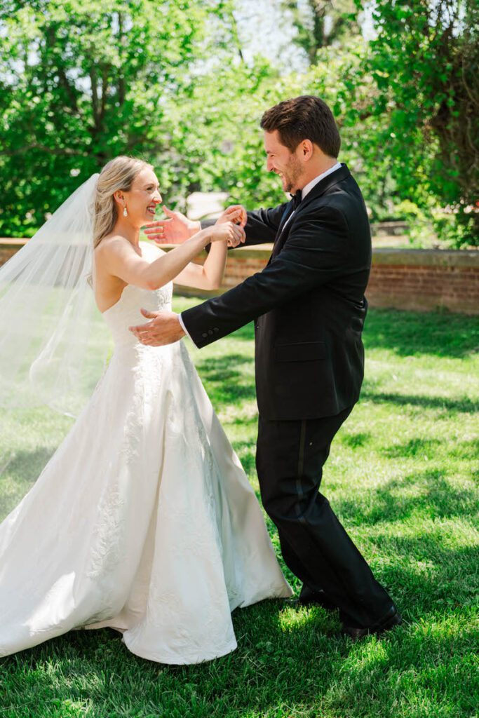 Bride and groom's first look at Gardencourt in Louisville, KY