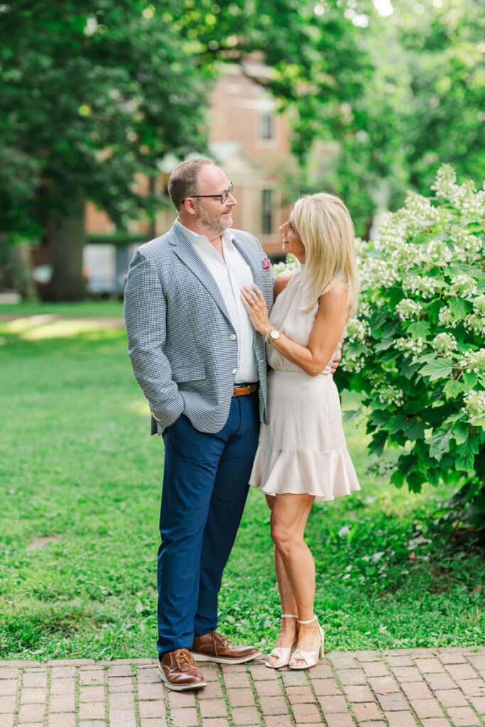 Couple embraces for their engagement session at Gratz Park in Lexington, KY