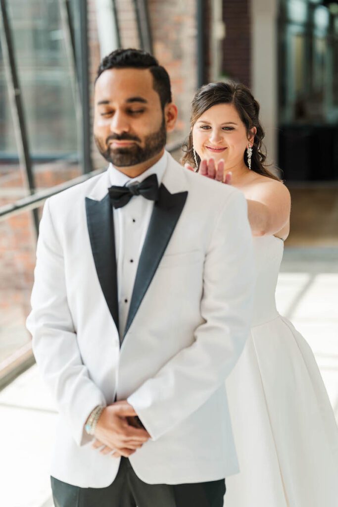 Bride and groom's first look for their wedding day at Mellwood Art Center in Louisville, KY