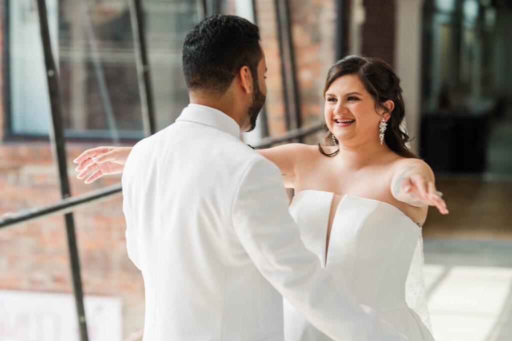 Bride and groom's first look for their wedding day at Mellwood Art Center in Louisville, KY