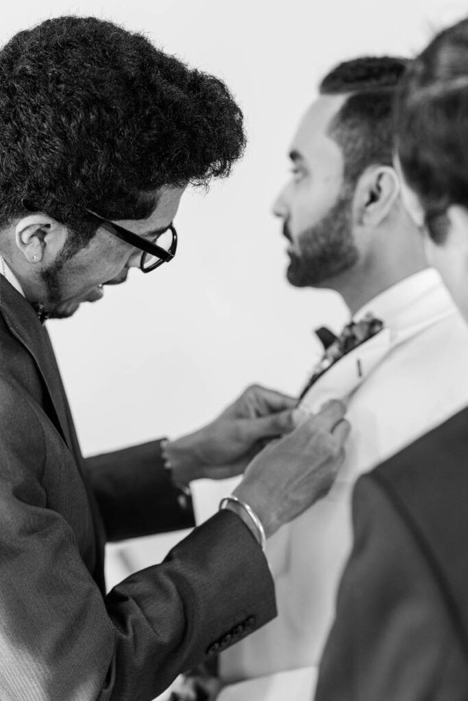 Groom gets ready for his wedding day at Mellwood Art Center