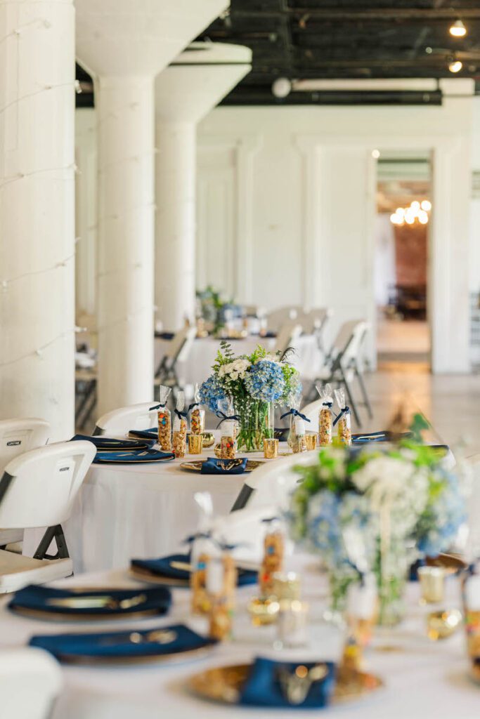 Reception space set up for a wedding in the Monet Room at Mellwood Art Center