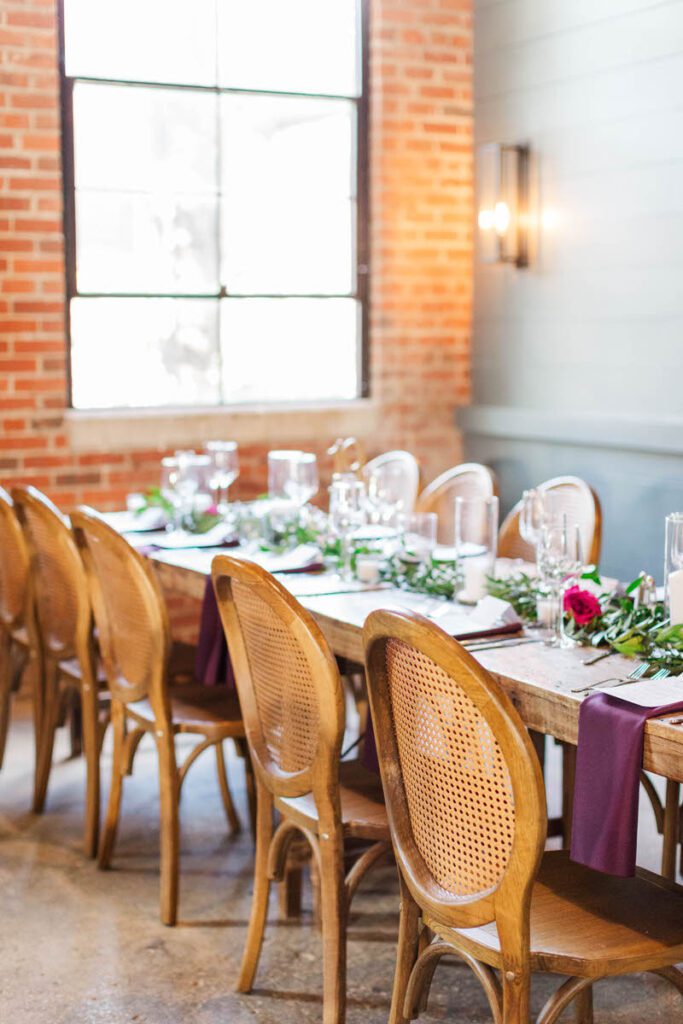 Reception wedding decor at Castle and Key Distillery