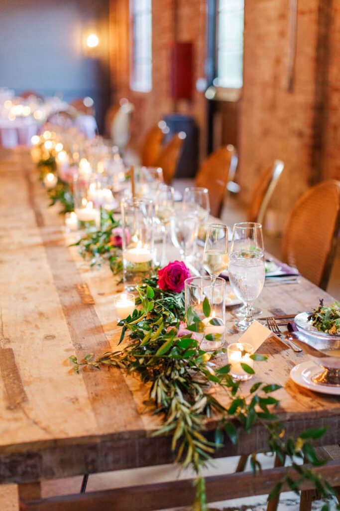 Reception wedding decor at Castle and Key Distillery