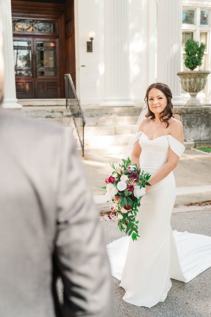 Bride and groom's first look at The Bell House in Lexington.