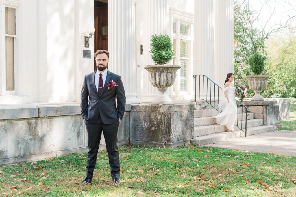 Bride and groom's first look at The Bell House in Lexington.