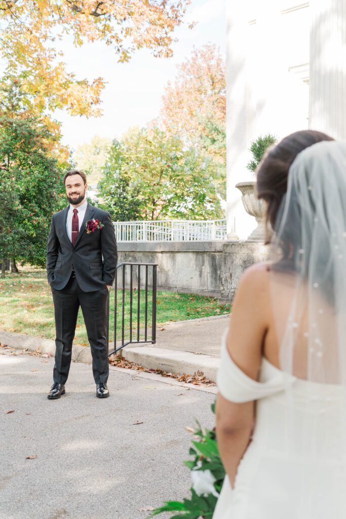 Bride and groom's first look at The Bell House in Lexington.