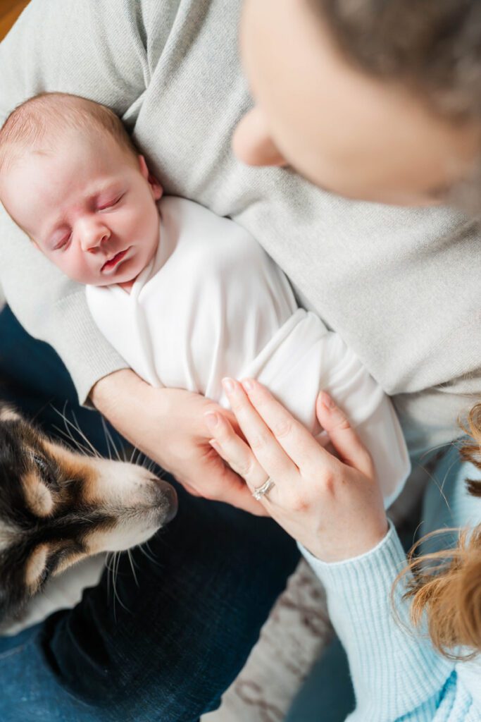 A swaddled newborn baby lays in his dad's arms. Louisville In Home Newborn Session Photos by Michelle Bordenkircher Photography
